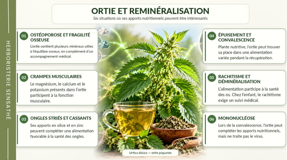Ortie et reminéralisation naturelle  infographie présentant son intérêt nutritionnel pour la santé osseuse, les crampes musculaires, les ongles cassants, la fatigue et la convalescence - Herboristerie Sensathé